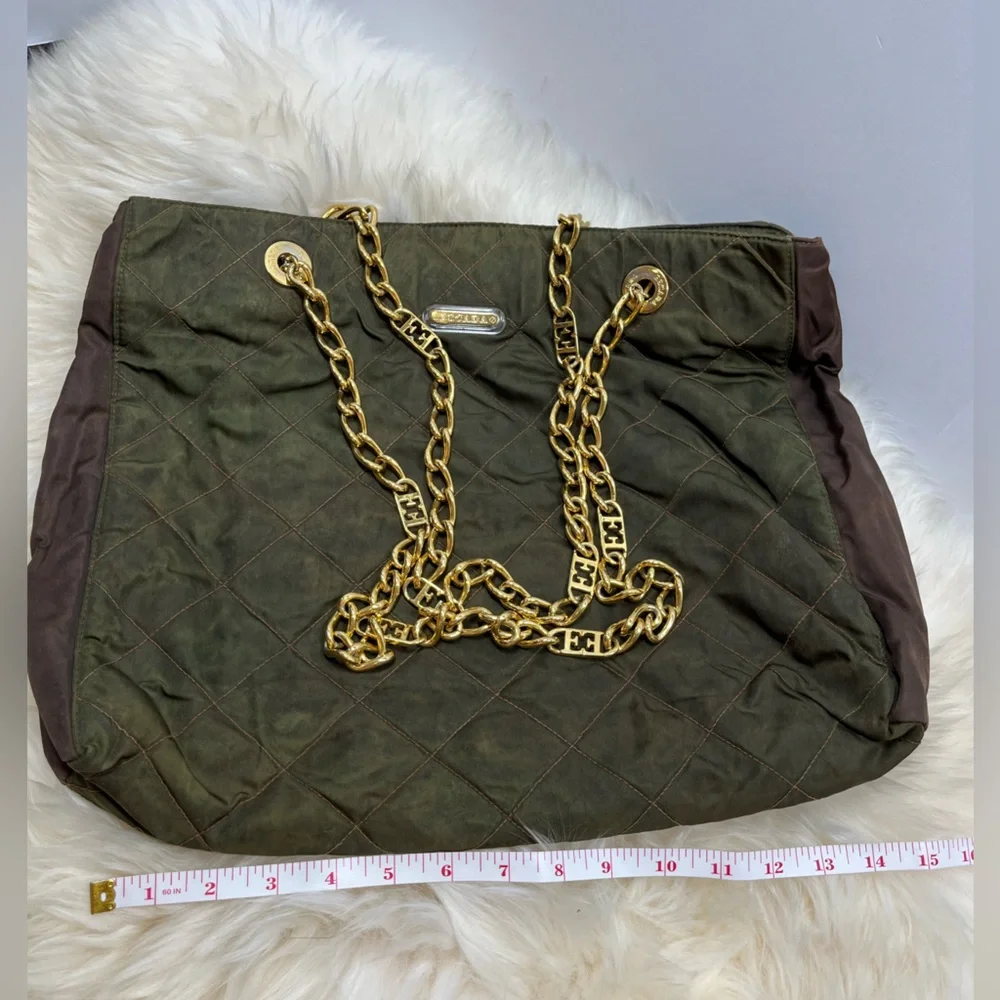 Escada Vintage Lux Quilted Nylon Tote/Shoulder Bag Olive Green and Brown - Picture 16 of 17